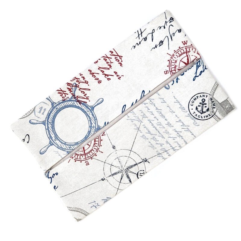 Soft rectangular pouch sewn from cotton fabric with nautical letter pattern to store facial tissues