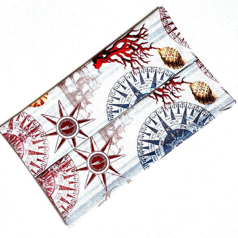 flat rectangular pouch to hold facial tissues made out of cotton fabric in nautical pattern