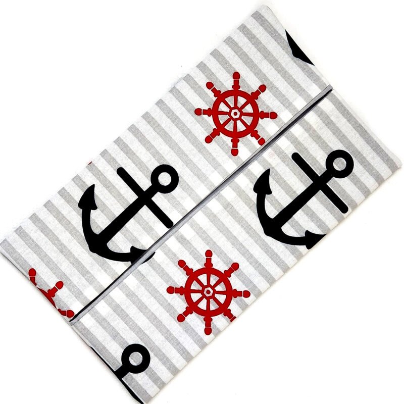 flat rectangular pouch to hold facial tissues made of cotton fabric in anchors and ship wheels on grey & white stripes pattern