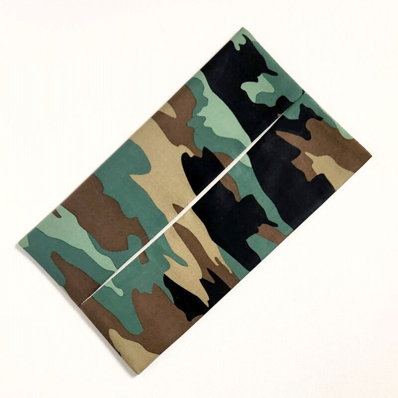 large flat rectangular pouch for facial tissues made from cotton fabric in camouflage pattern