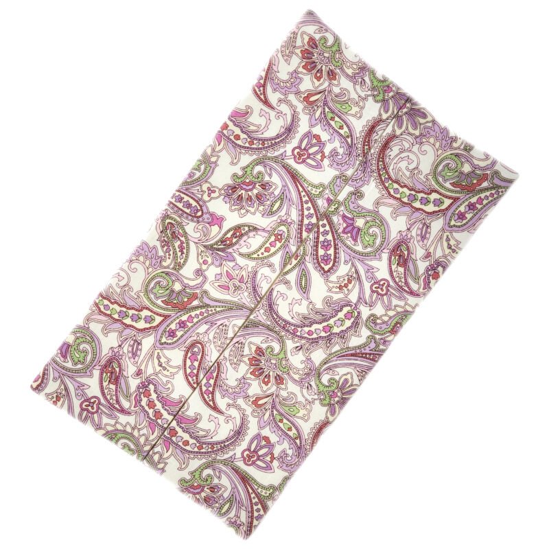 flat rectangular pouch made from purple paisley fabric